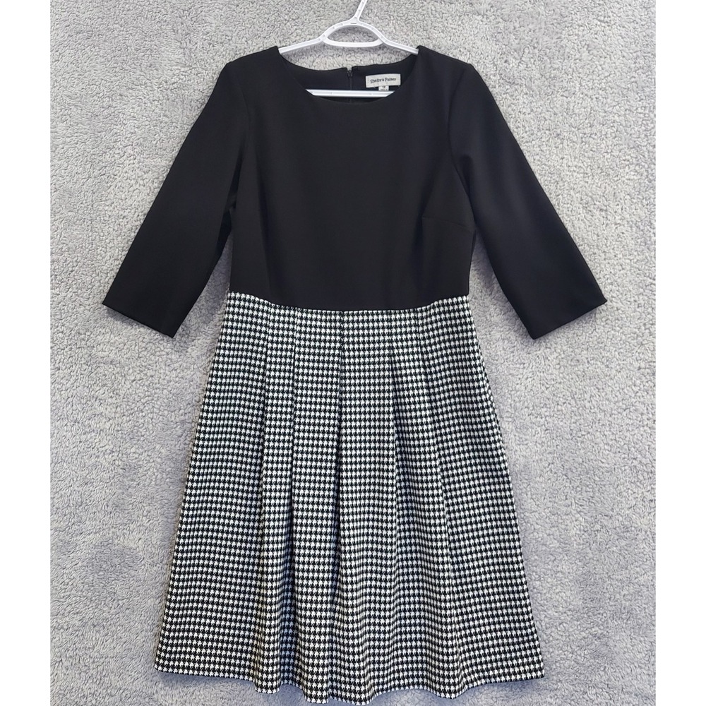 Shelby & Palmer Fit‎ & Flare Dress Women's 12 Black Houndstooth 3/4 Sleeve Knee